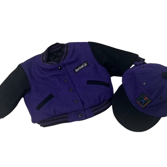 American Girl 18” Doll Purple Large Logo Varsity Jacket & Cap  GUC - Picture 2 of 13
